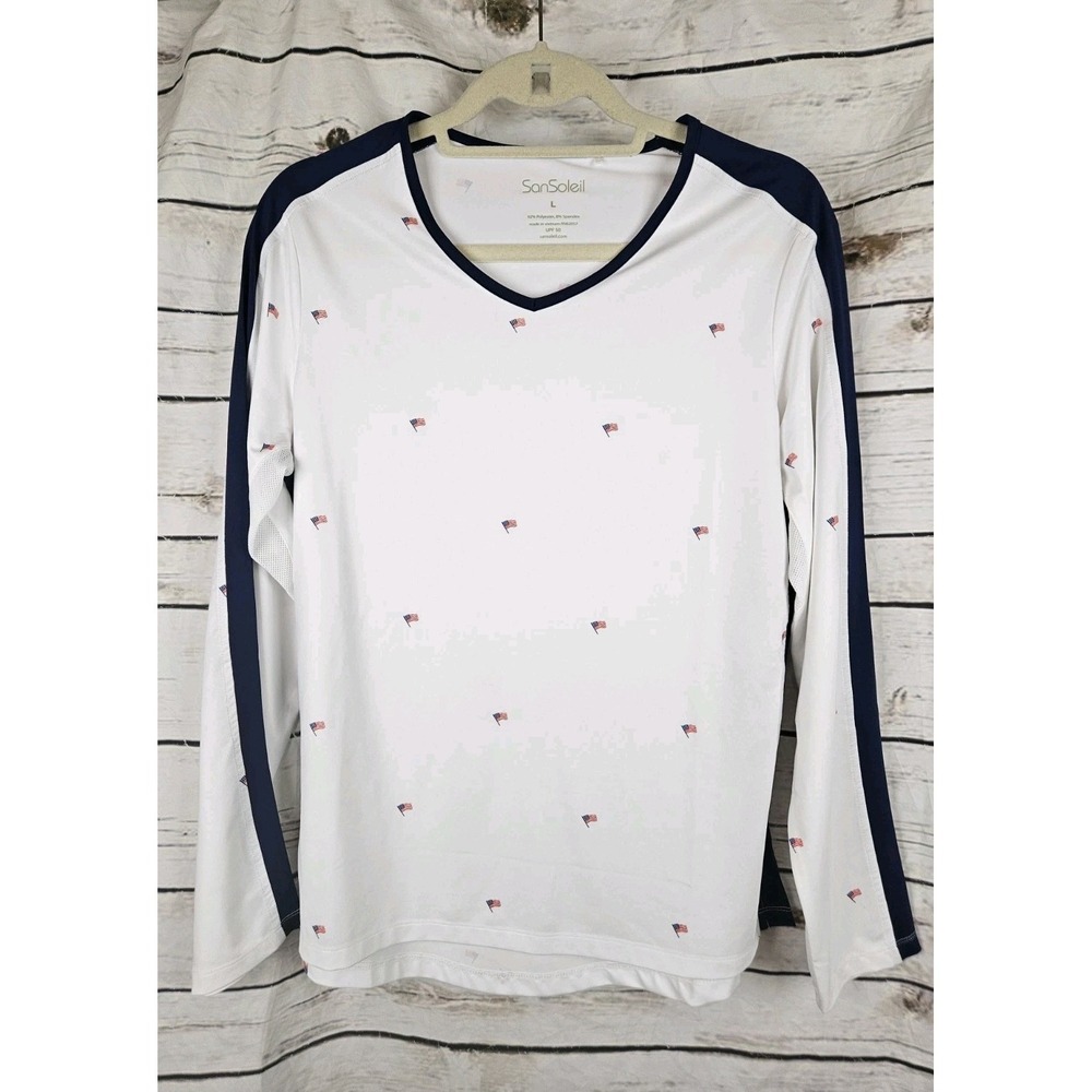 San Soleil Cooling Pullover USA Flag Top L Long Sleeve Tee Womens UPF 50